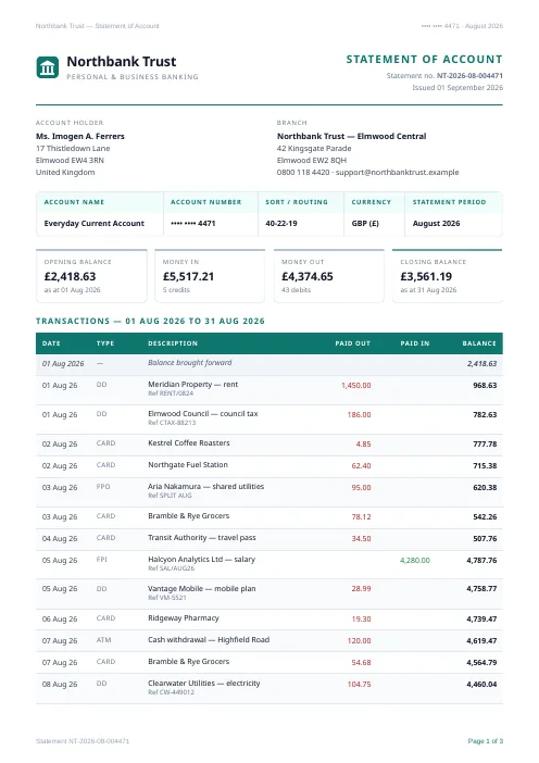 Account Statement PDF template preview