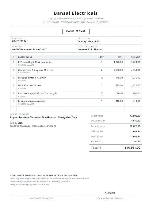 Cash Memo PDF template preview