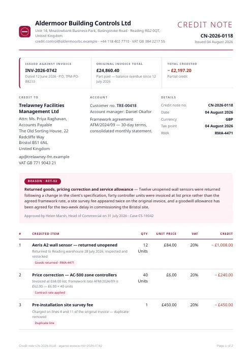 Credit Note PDF template preview