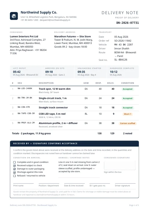 Proof of Delivery Note PDF template preview