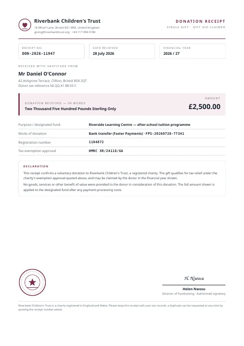 Donation Receipt PDF template preview