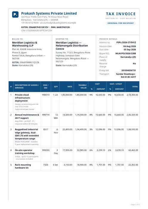 GST Tax Invoice (India) PDF template preview