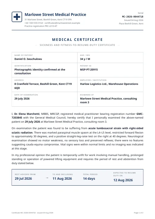 Medical Certificate PDF template preview