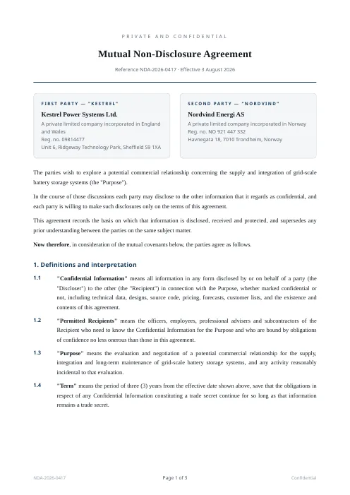 Mutual NDA PDF template preview