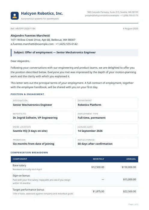 Employment Offer Letter PDF template preview