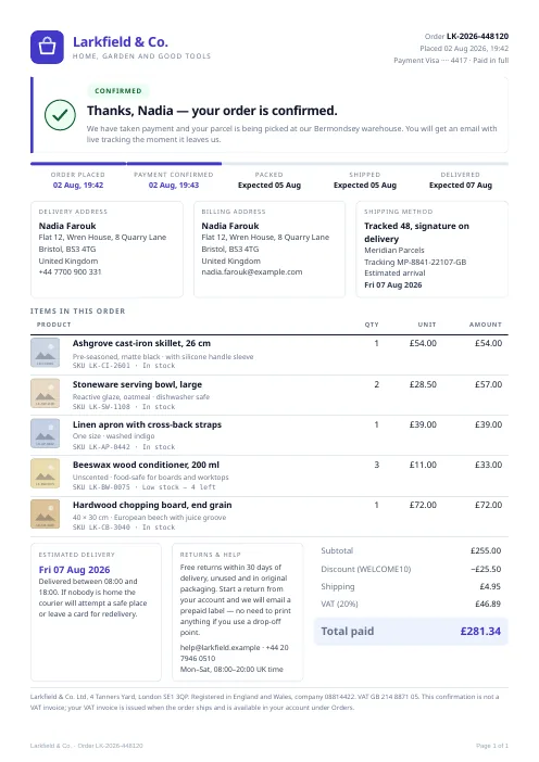 Order Confirmation PDF template preview
