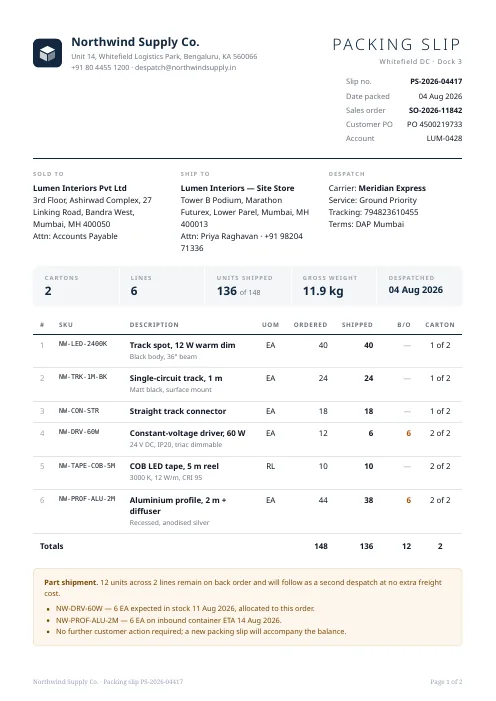 Carton Packing Slip PDF template preview