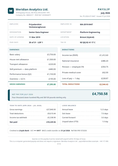 Monthly Payslip PDF template preview