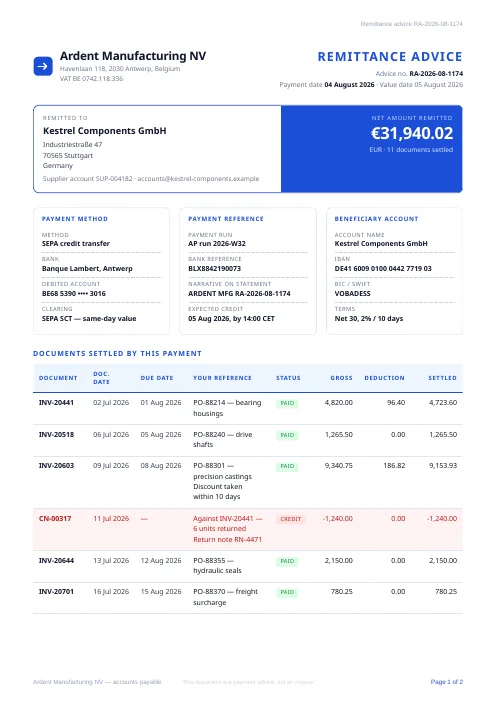 Remittance Advice PDF template preview