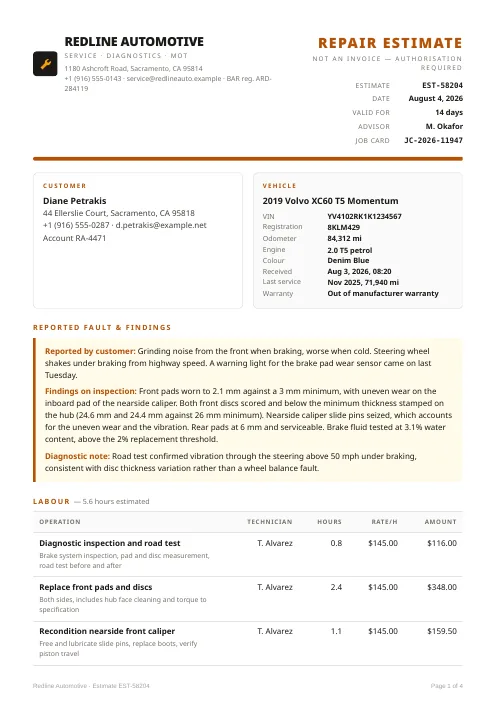 Repair Estimate PDF template preview
