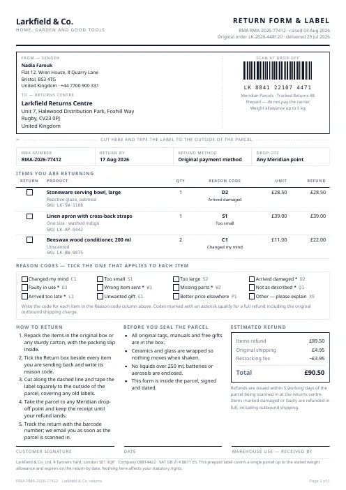 Return Label & Form PDF template preview