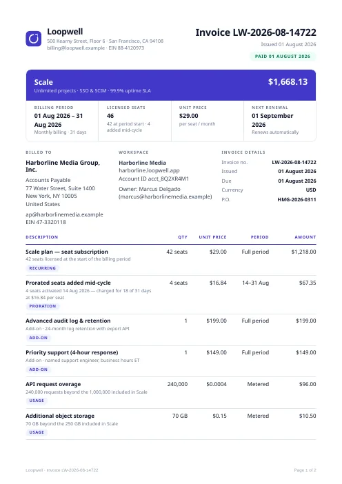 Subscription Invoice (SaaS) PDF template preview