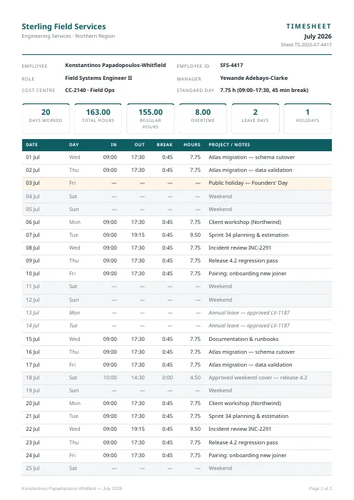Monthly Timesheet PDF template preview